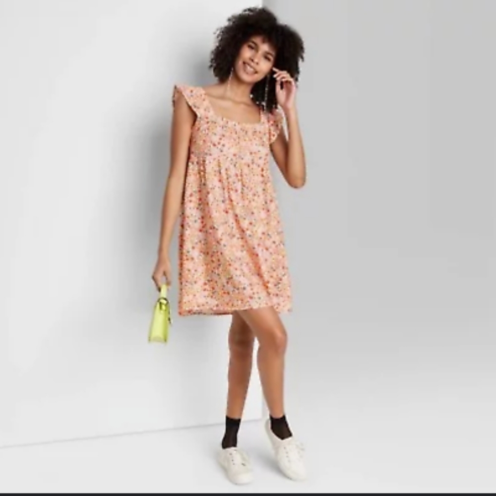 Wild Fable Linen Blend BabyDoll Orange Floral Dress Size Large